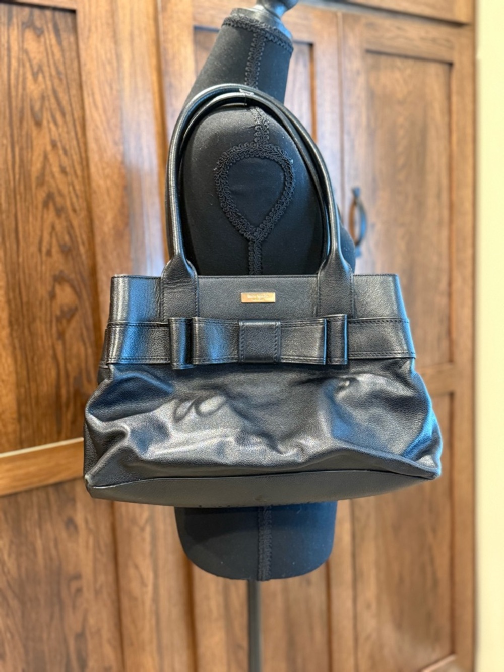 Kate Spade Black Leather Shoulder Bag with Bow Accent & Wristlet